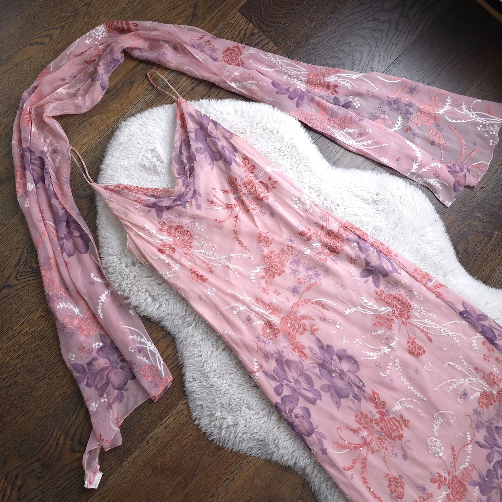 Vintage Y2K Fairy Devore Silk Floral Burnout Beaded Maxi Slip Dress Set